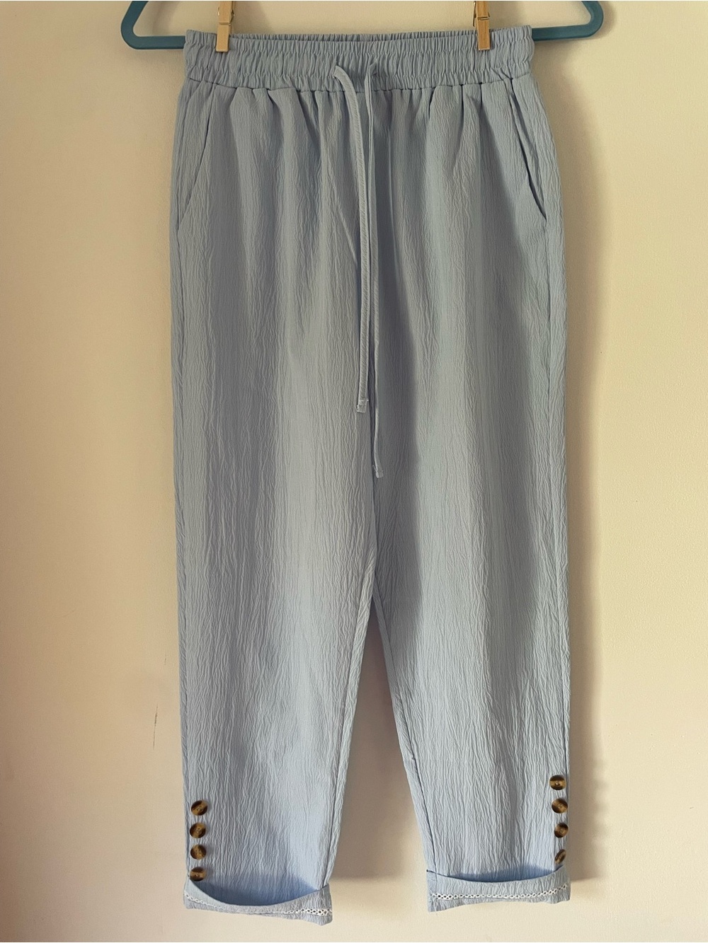 SHEIN Light Blue Cropped Elastic Waist Pants with Button Cuffs